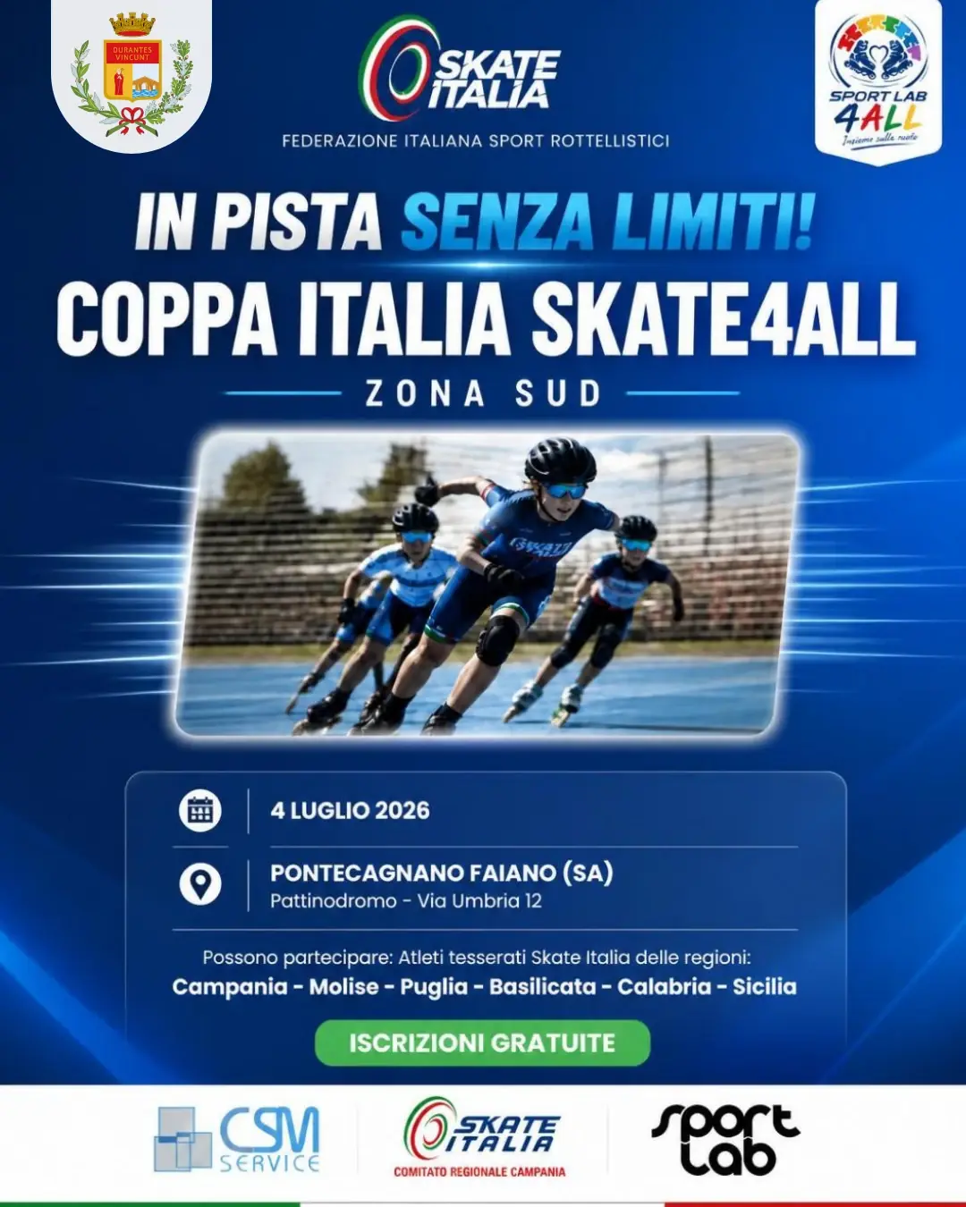 Locandina della Coppa Italia Skate4All Zona Sud, gara di pattinaggio inclusivo del 4 luglio 2026 a Pontecagnano Faiano